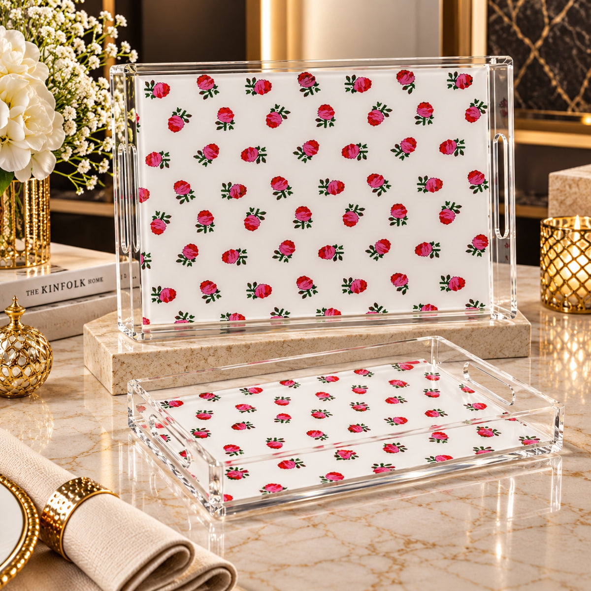 Elegant Clear Acrylic Serving Tray 2-Piece Set – Red Rose Floral Design