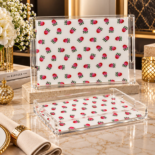 Elegant Clear Acrylic Serving Tray 2-Piece Set – Red Rose Floral Design