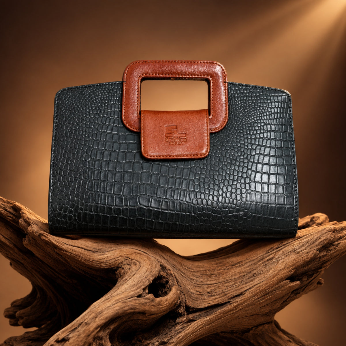 Black Crocodile-Embossed Leather Handbag with Brown Handle