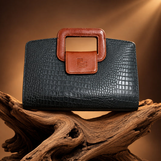 Black Crocodile-Embossed Leather Handbag with Brown Handle