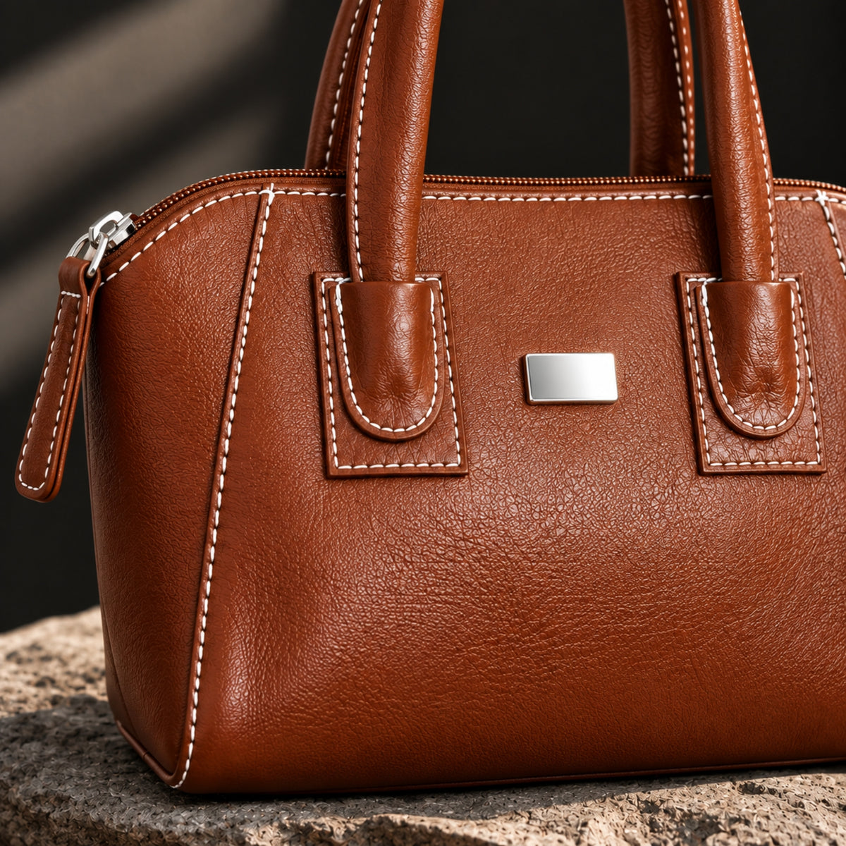 Classic Brown Leather Handbag with Contrast Stitching