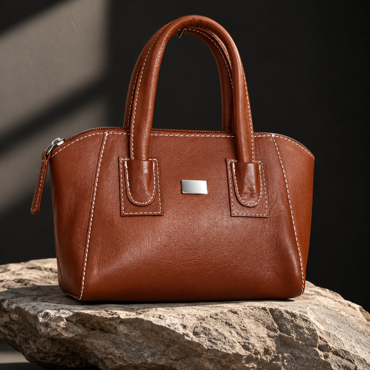 Classic Brown Leather Handbag with Contrast Stitching