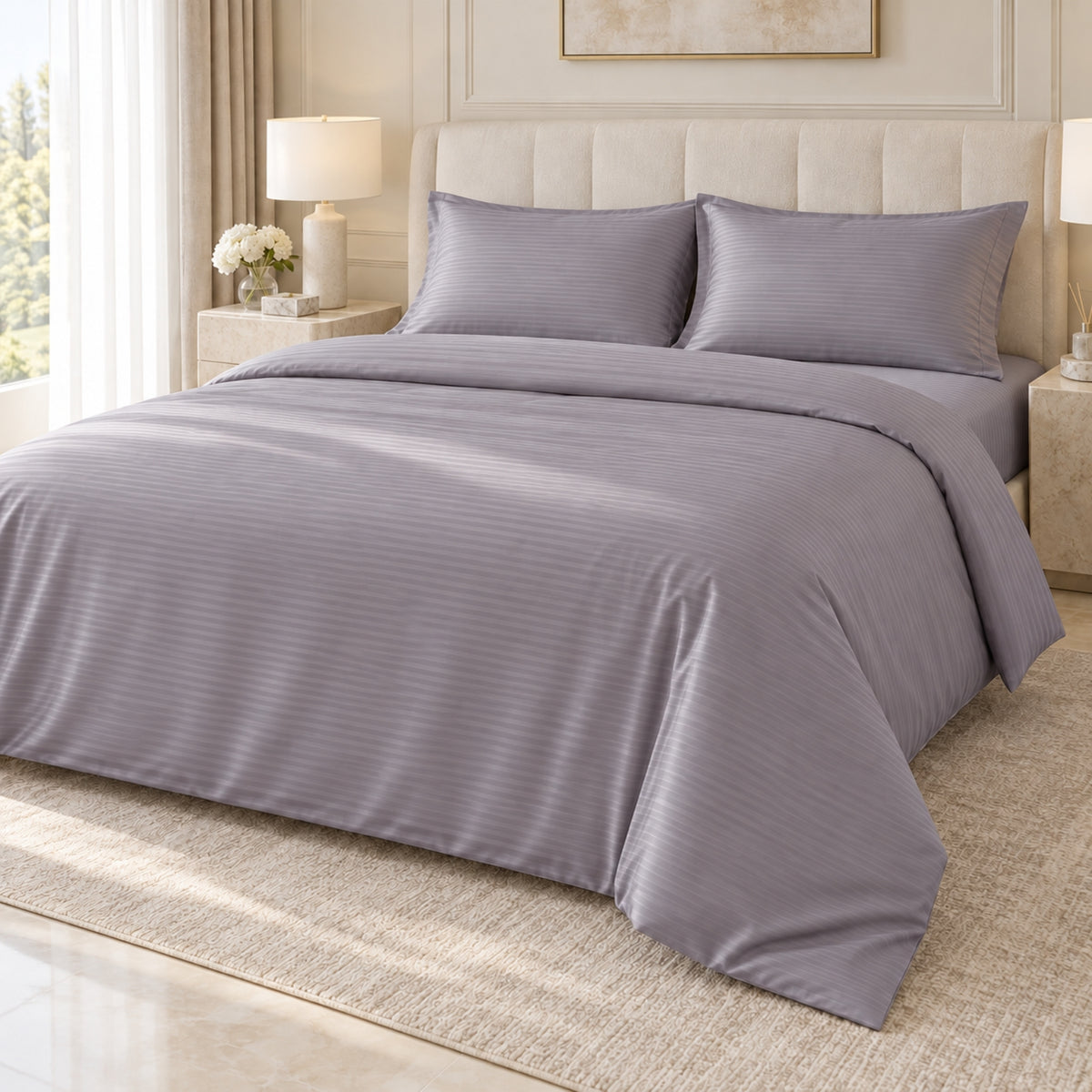 Grey Stripe Linen King Size 4-Piece Bedding Set – 220 × 240 cm