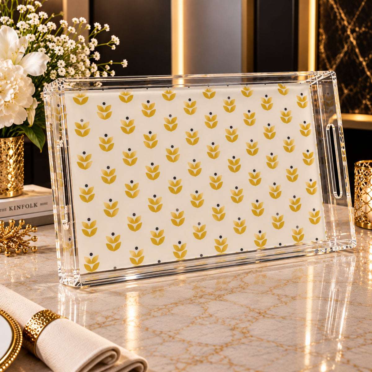 Elegant Clear Acrylic Serving Tray 2-Piece Set – Gold Leaf Pattern