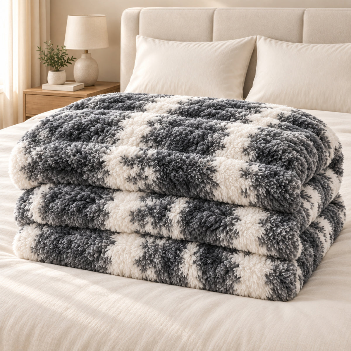 Plush Checked Blanket – Charcoal Grey & Ivory | 180 × 200 cm, 330 GSM