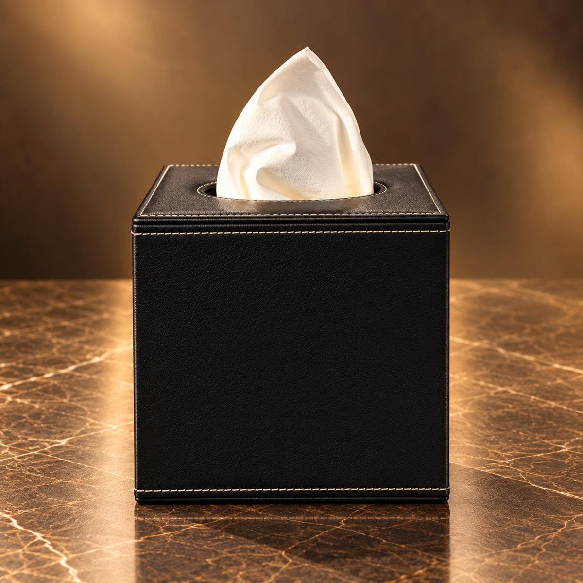 Prestige Black Leather Tissue Box with Contrast Stitching