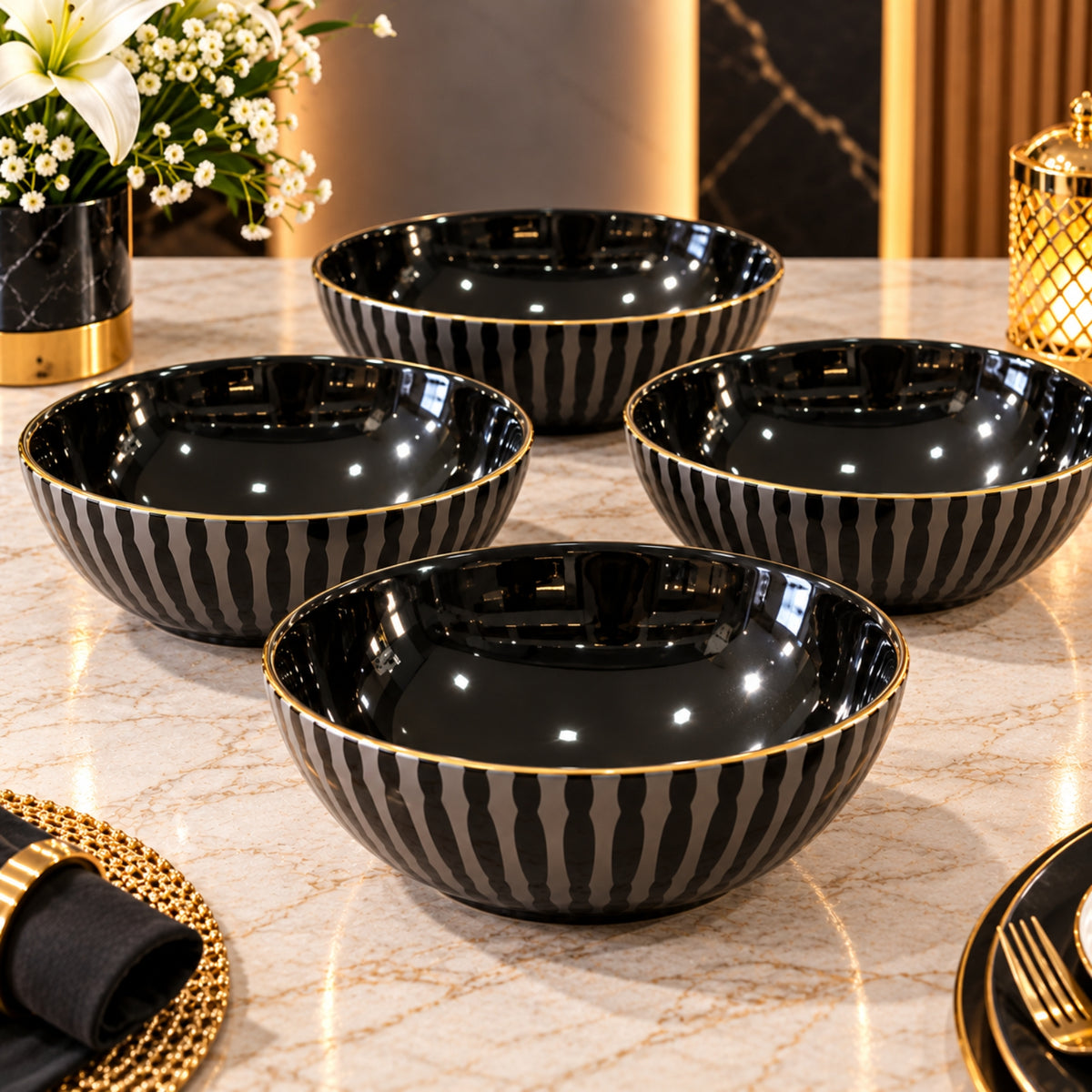 26cm Black Serving Bowl with Gold Rim – Elegant Patterned Design