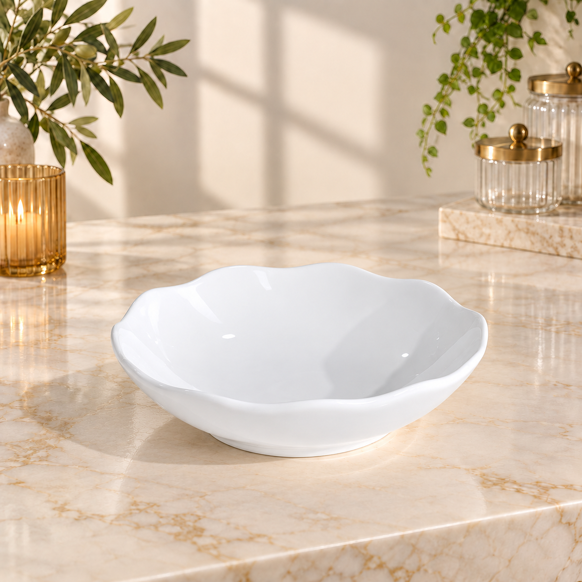 Small White Scalloped Serving Bowl – Glossy Floral-Edge Design | 1 Piece