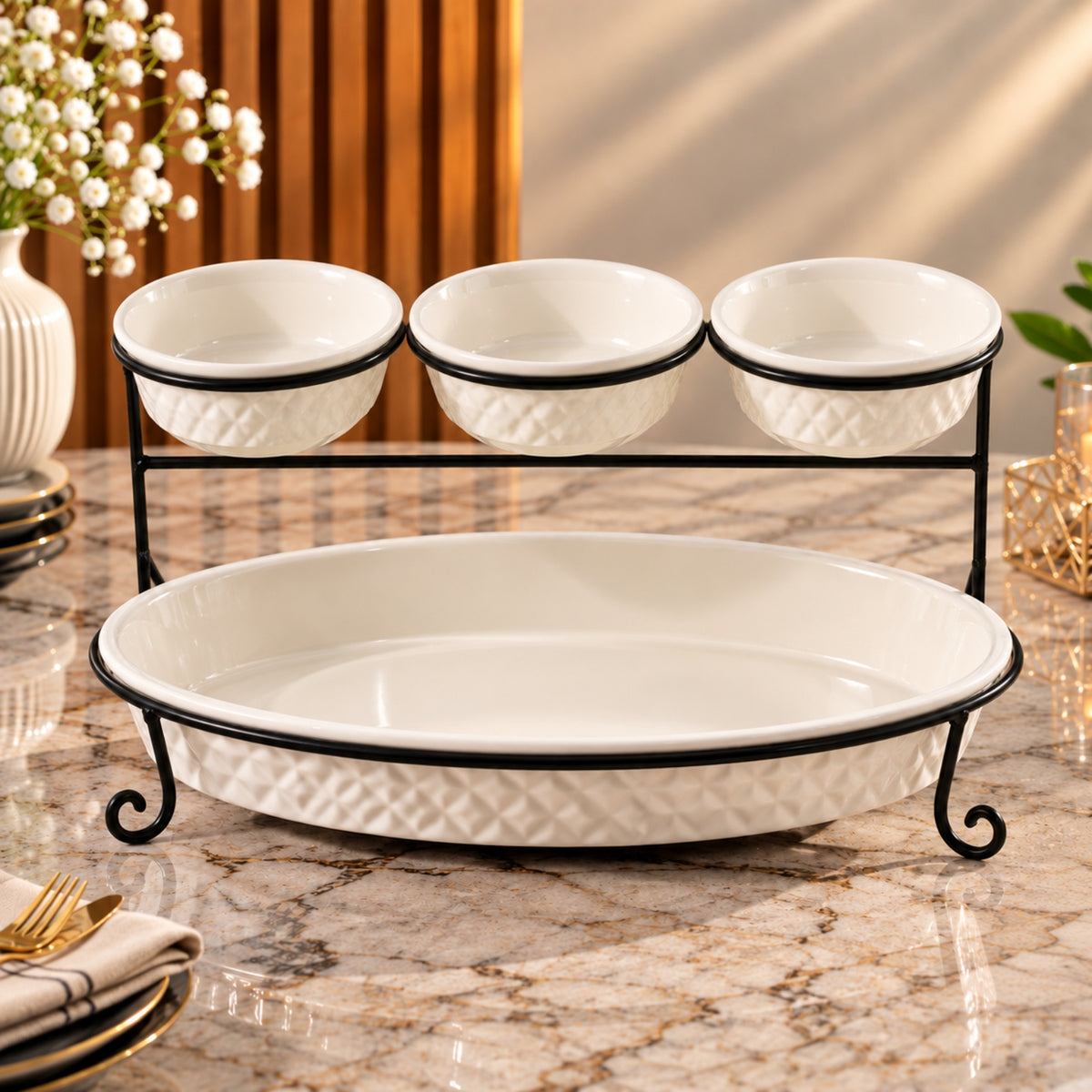 2-Tier Oval Serving Set with 3 Bowls & Metal Stand – DY4036