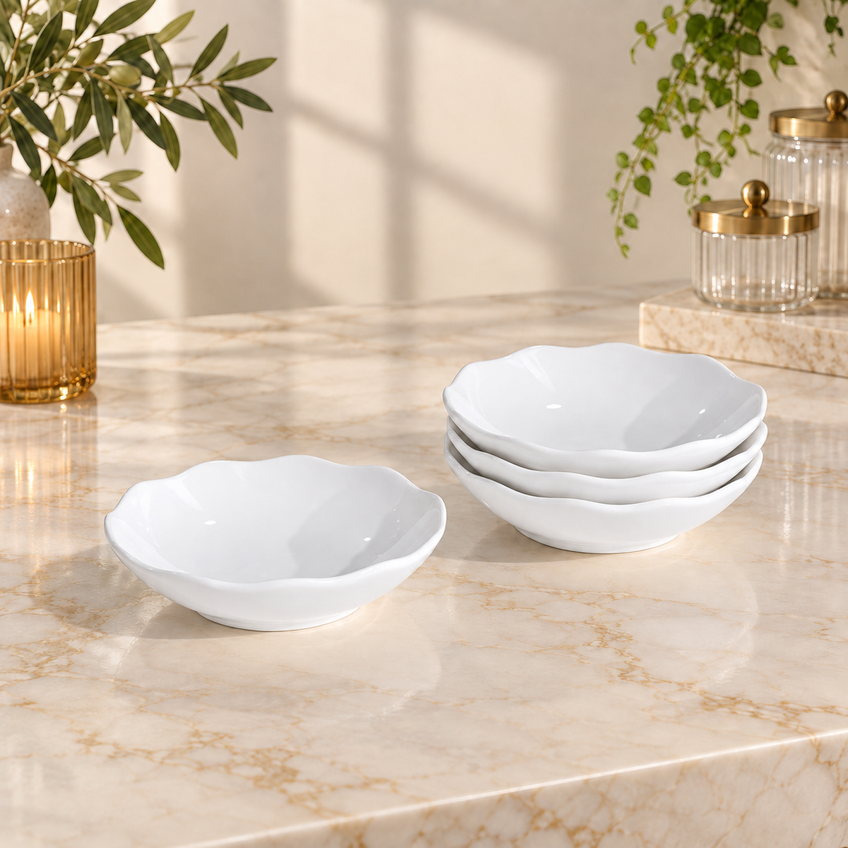Small White Scalloped Serving Bowl – Glossy Floral-Edge Design | 1 Piece