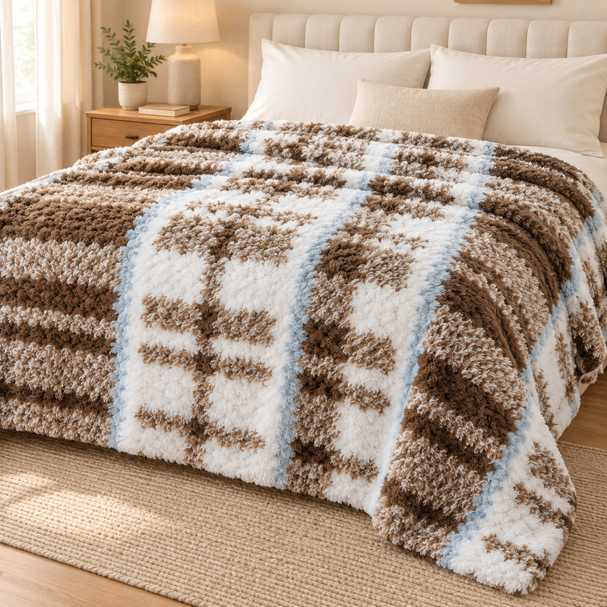 Plush Checked Blanket – Brown, White & Light Blue | 180 × 200 cm, 330 GSM