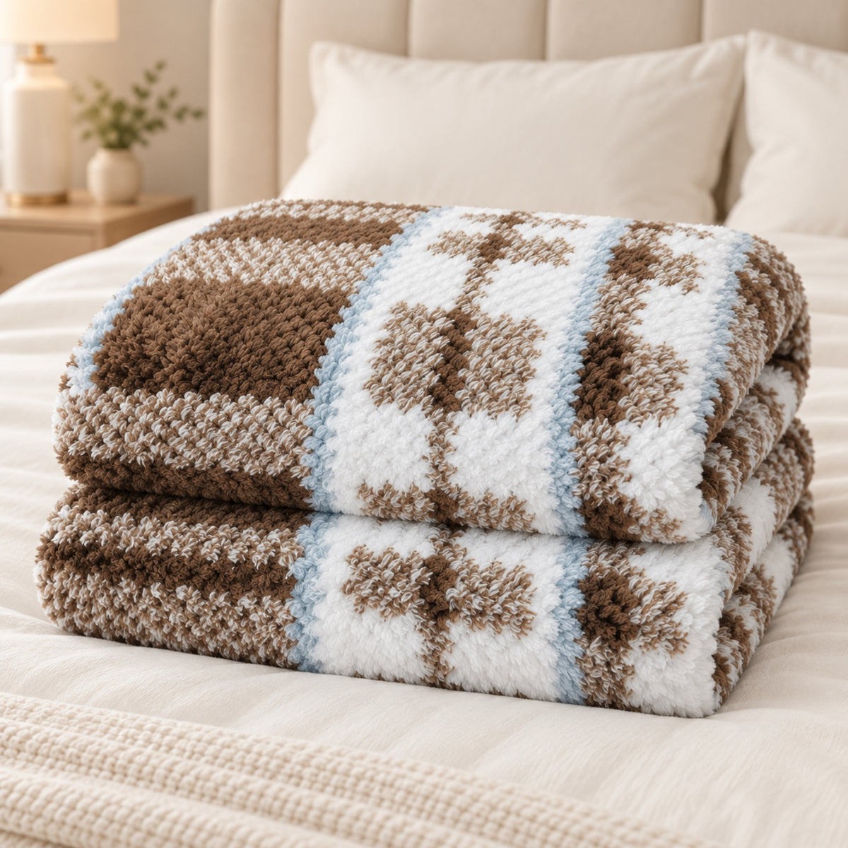 Plush Checked Blanket – Brown, White & Light Blue | 180 × 200 cm, 330 GSM