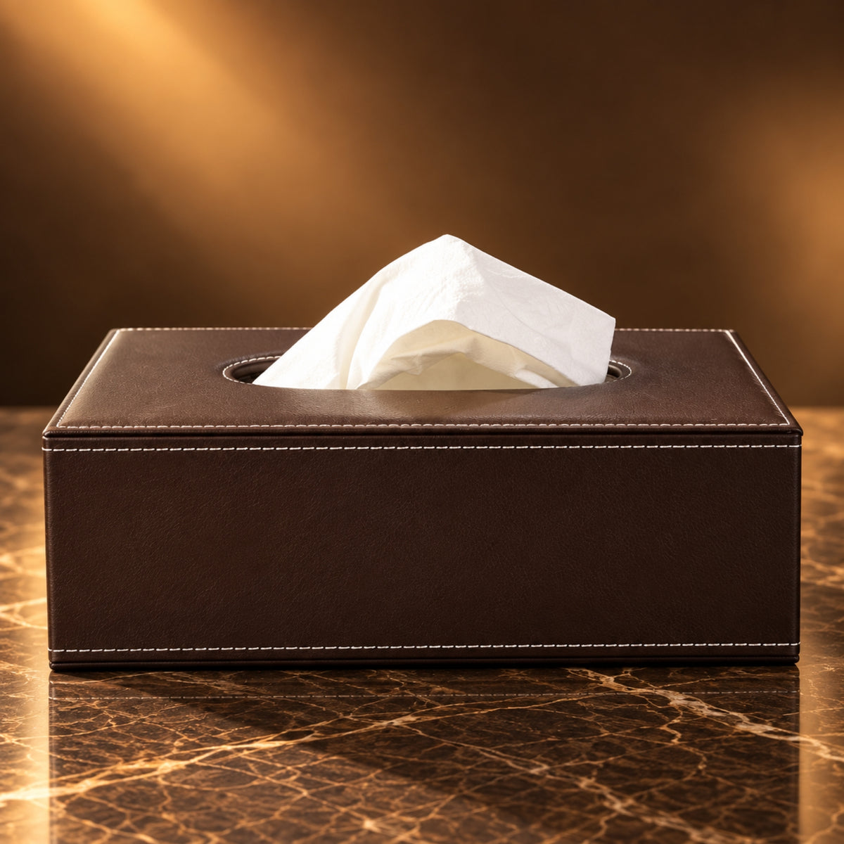 Premium Brown Leather Rectangular Tissue Box with Contrast Stitching