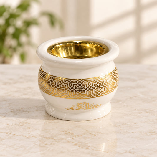 Elegant Ceramic Bukhour Burner – Ivory & Gold Islamic Geometric Design