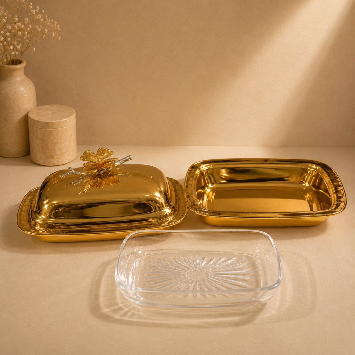 Golden Rectangular Butter Dish with Decorative Iron Lid