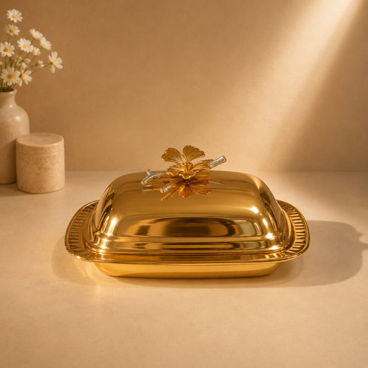 Golden Rectangular Butter Dish with Decorative Iron Lid