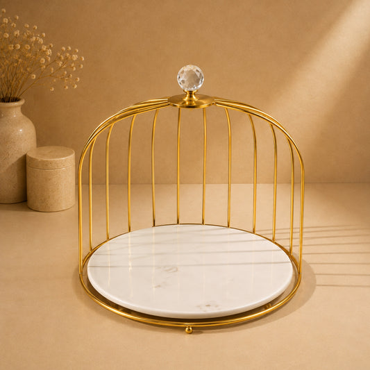 Luxury Round Cake Plate with Gold Dome Stand & Marble-Style Base