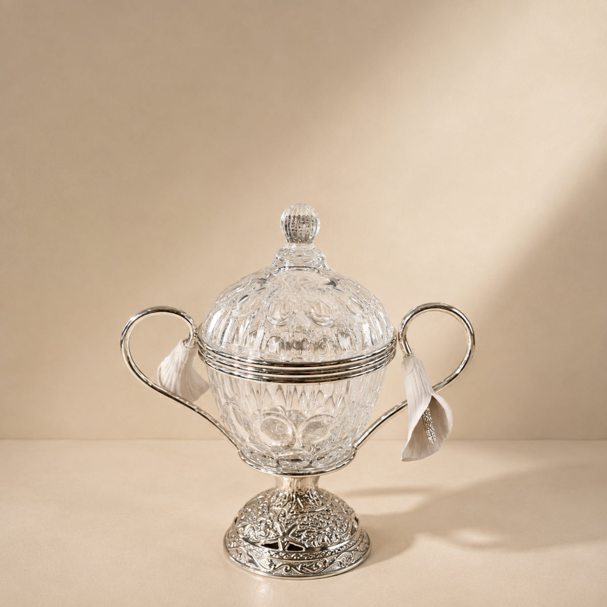 Calla Lily Crystal Candy Cup with Lid & Double Handles – Silver – JH7T8383