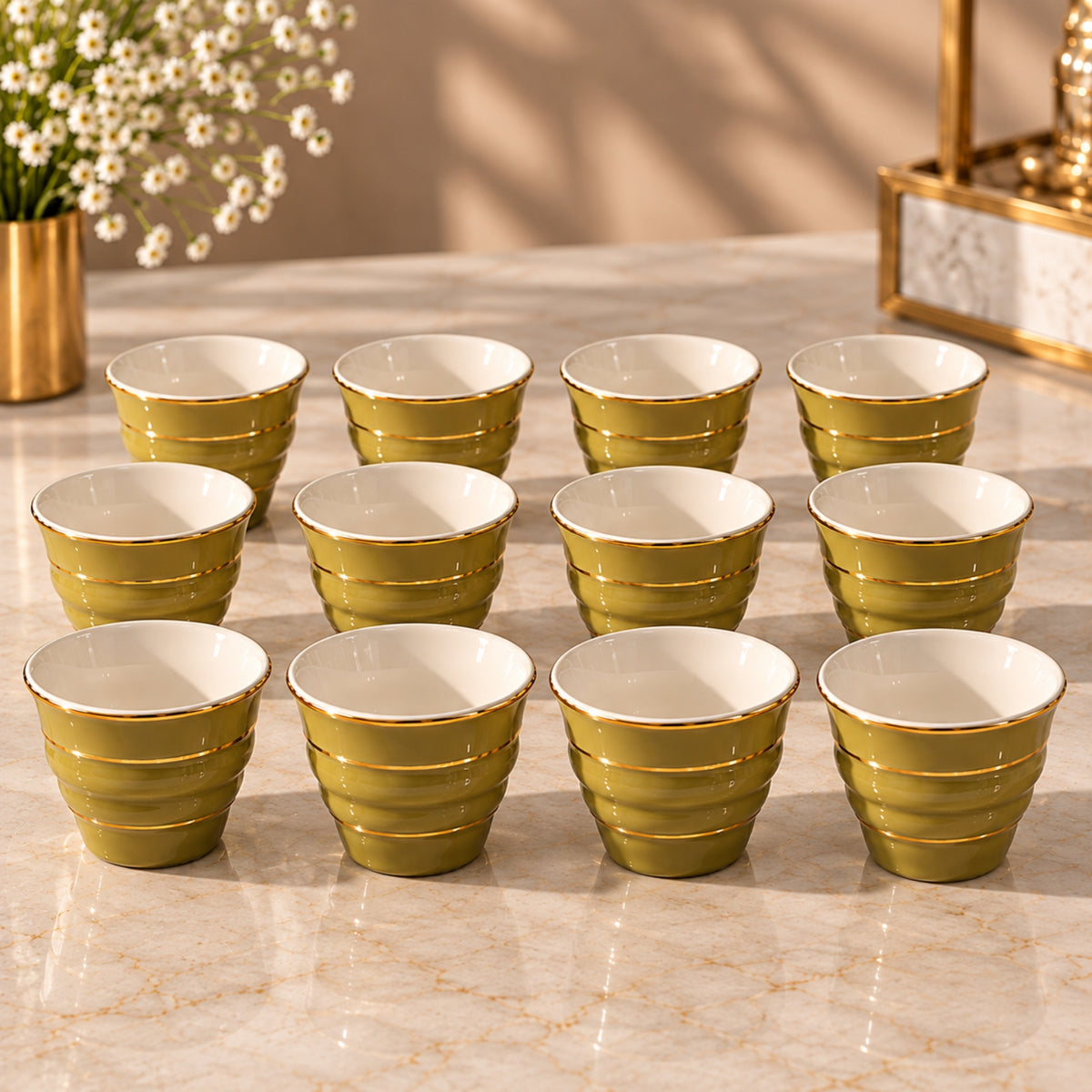 12-Piece Ribbed Cawa Cup Set with Gold-Tone Rim – Beige