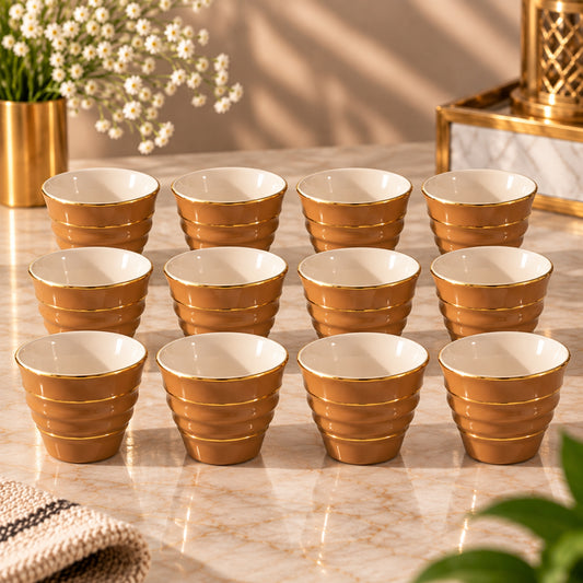 12-Piece Brown & Gold Arabic Cawa Cup Set – Elegant Ribbed Design