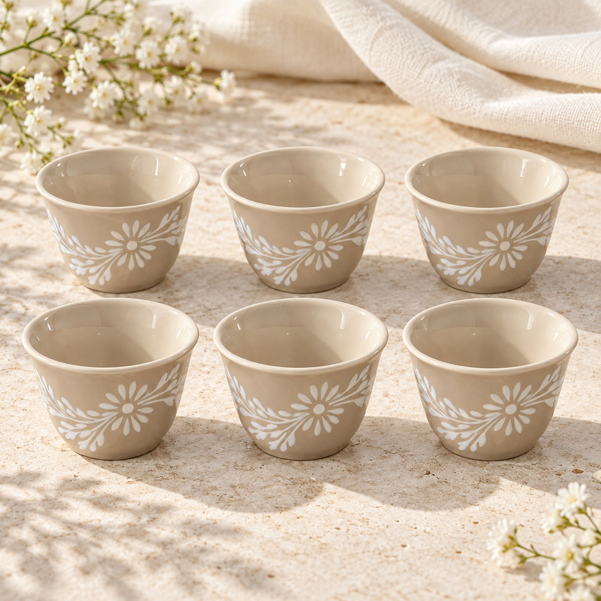18-Piece Beige Floral Tea & Cawa Cup Set – 6 Tea Cups, 6 Saucers & 6 Cawa Cups