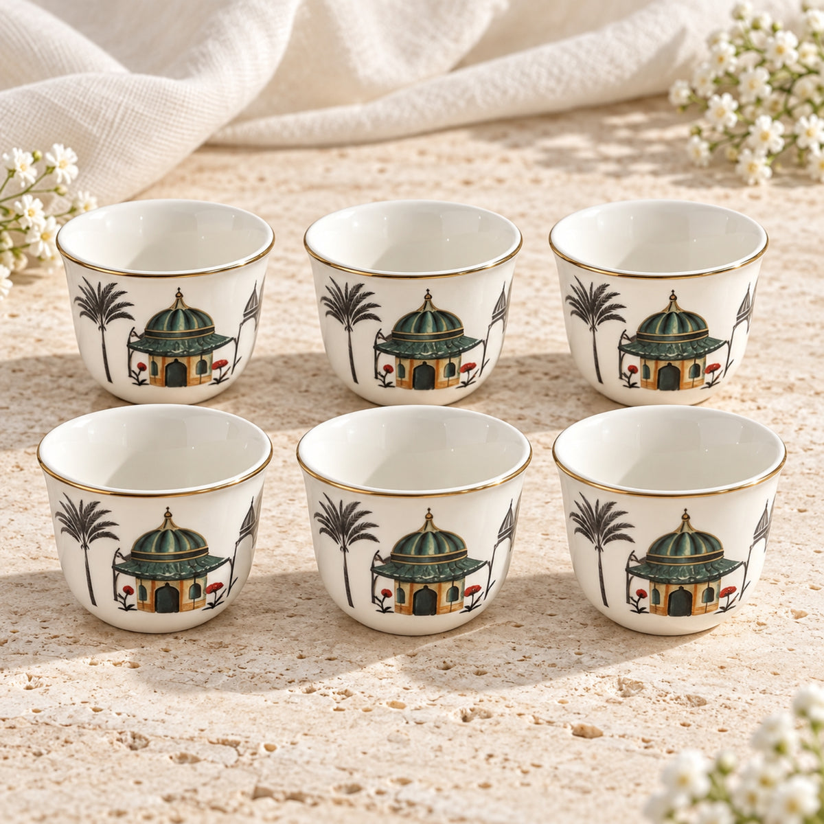 18-Piece Green & Gold Tea and Cawa Cup Set – 6 Tea Cups, 6 Saucers & 6 Cawa Cups