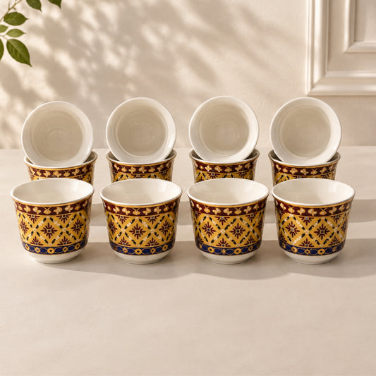 12 piece mustard yellow brown and blue traditional cawa cup set for Arabic coffee and qahwa