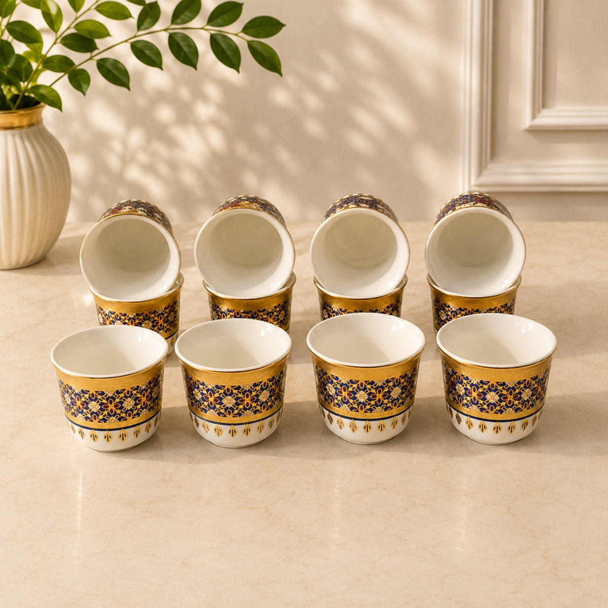 12-Piece Decorative Cawa Cup Set – Blue, Gold & White