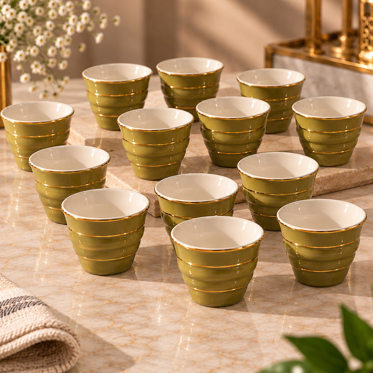 12-Piece Ribbed Cawa Cup Set with Gold-Tone Rim – Beige