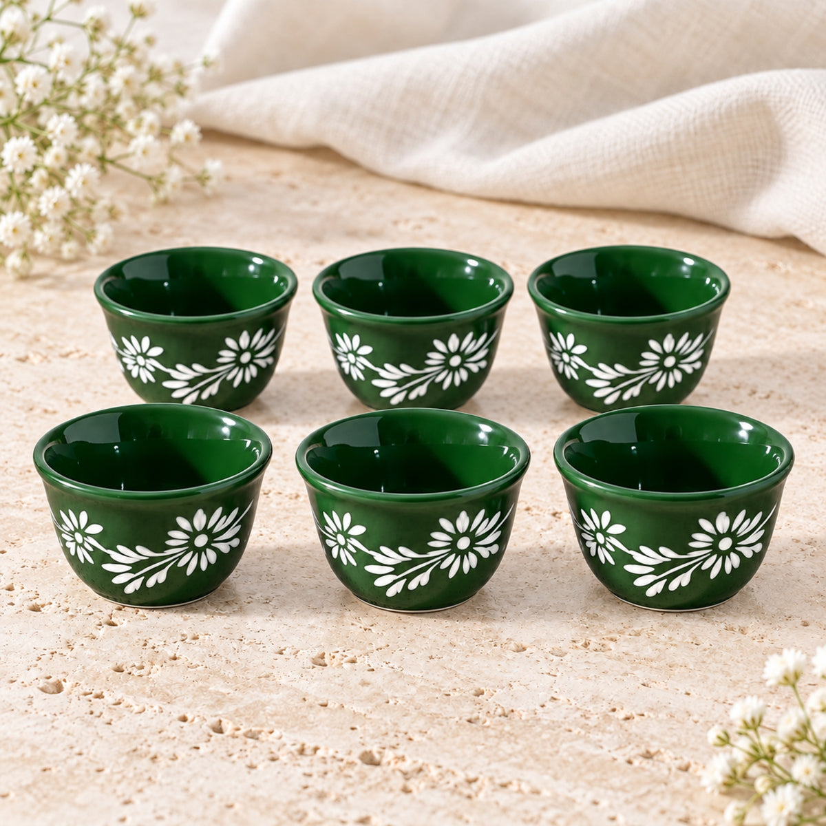 18-piece green floral tea and Cawa cup set with 6 clear glass tea cups, 6 green saucers and 6 matching Cawa cups
