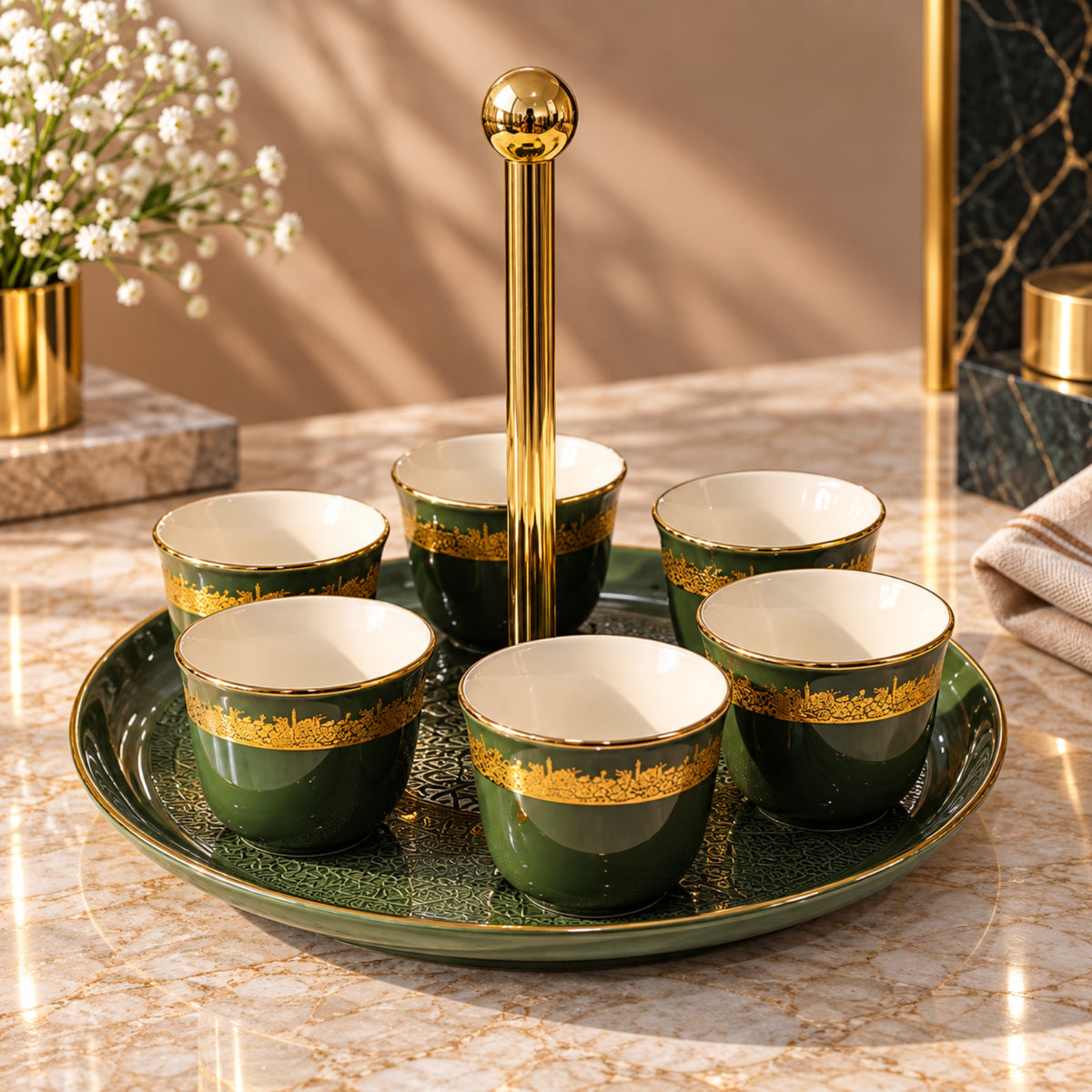 7-Piece Arabic Coffee Cawa Cup Set with Serving Holder – Green & Gold