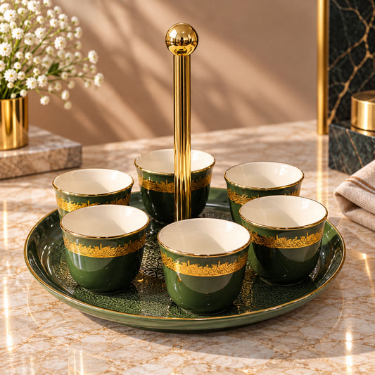 7-Piece Arabic Coffee Cawa Cup Set with Serving Holder – Green & Gold