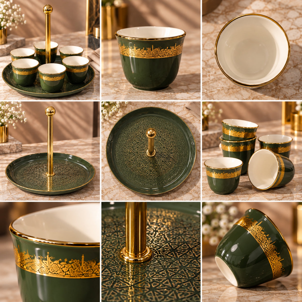 7-Piece Arabic Coffee Cawa Cup Set with Serving Holder – Green & Gold