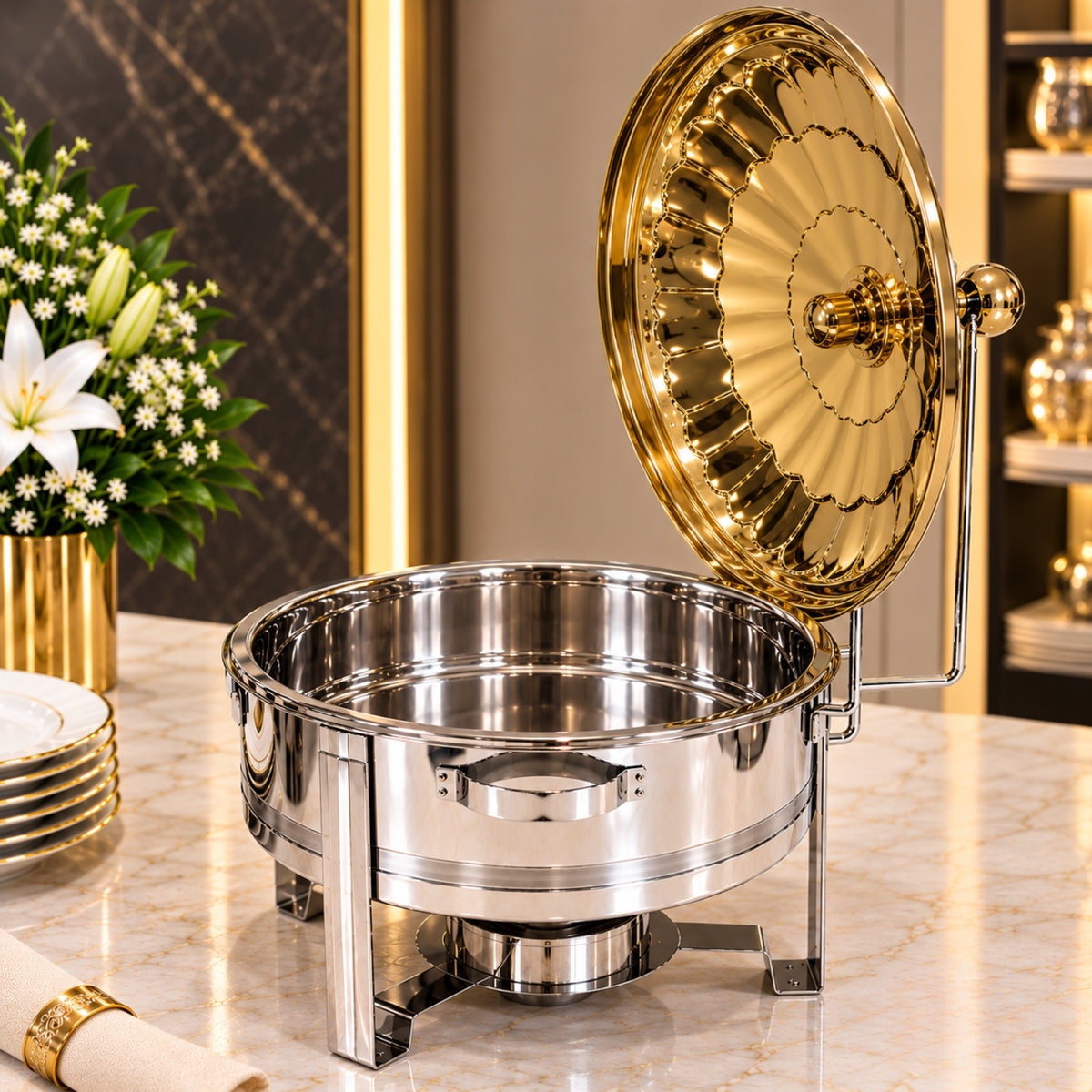 Luxury Round Silver & Gold Chafing Dish – 4L, 6L & 8L