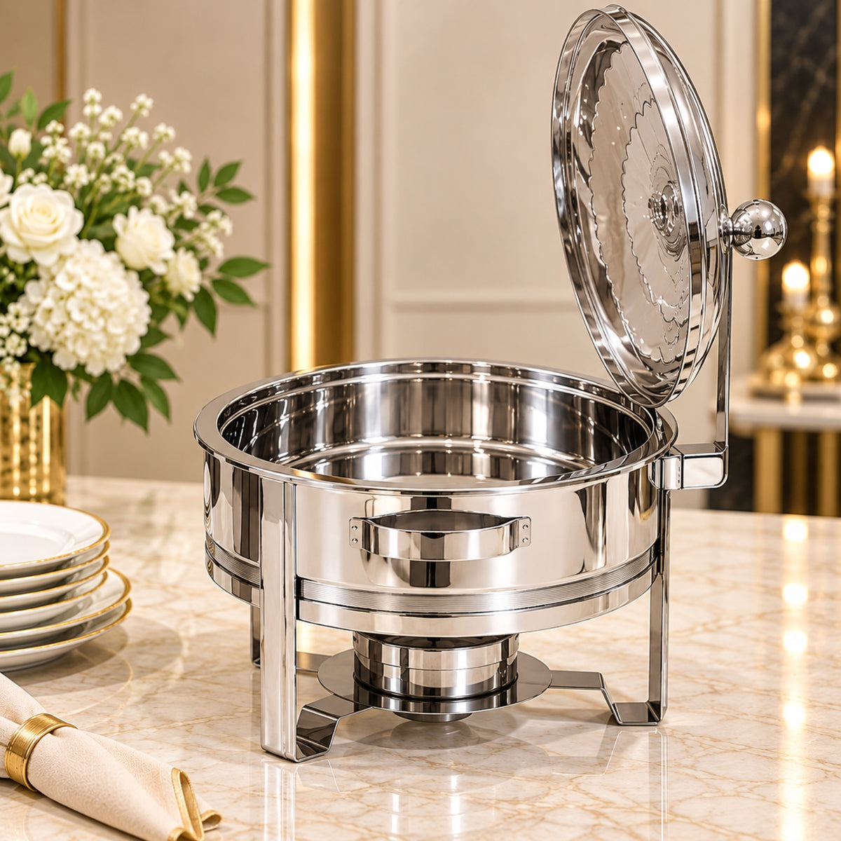 Round Silver Stainless Steel Chafing Dish with Hinged Lid – 4L & 6L