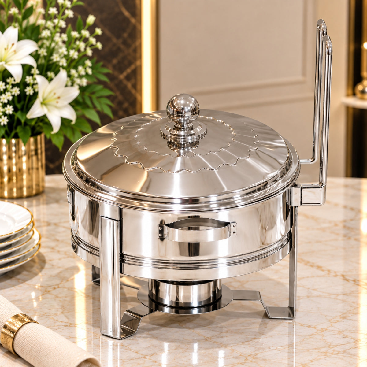 Round Silver Stainless Steel Chafing Dish with Hinged Lid – 4L & 6L