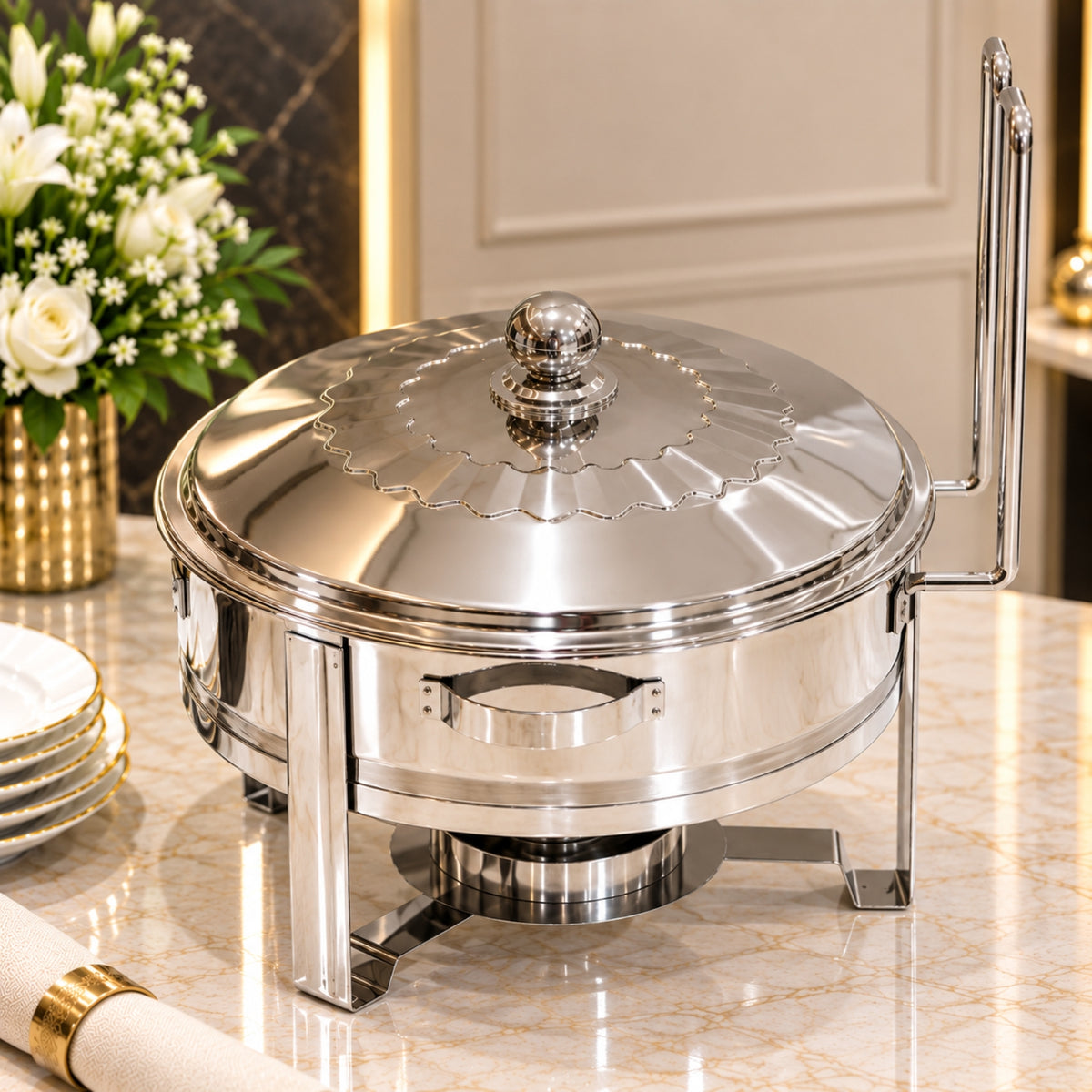 Round Silver Stainless Steel Chafing Dish with Hinged Lid – 4L & 6L