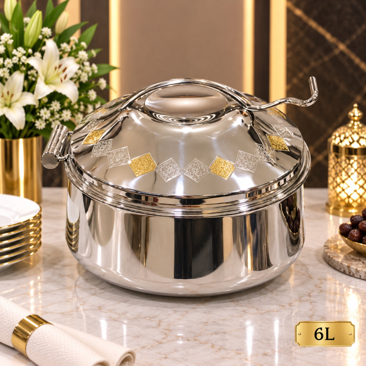 6L Silver Stainless Steel Chafing Dish with Gold Decorative Lid – Round Buffet Food Warmer