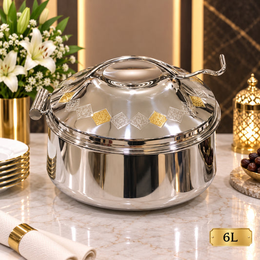 6L Silver Stainless Steel Chafing Dish with Gold Decorative Lid – Round Buffet Food Warmer
