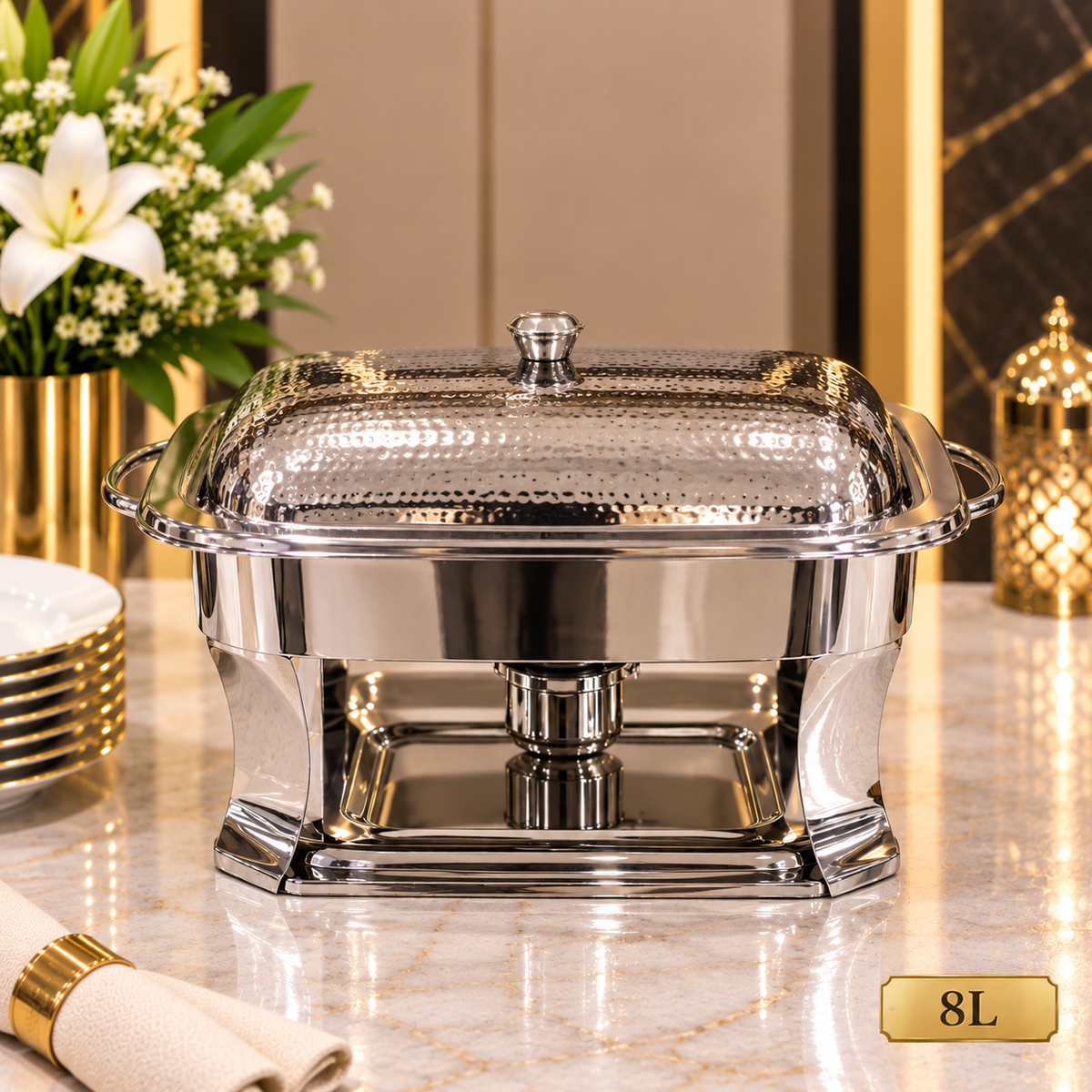 8L Silver Stainless Steel Chafing Dish with Hammered Lid – Rectangular Buffet Food Warmer