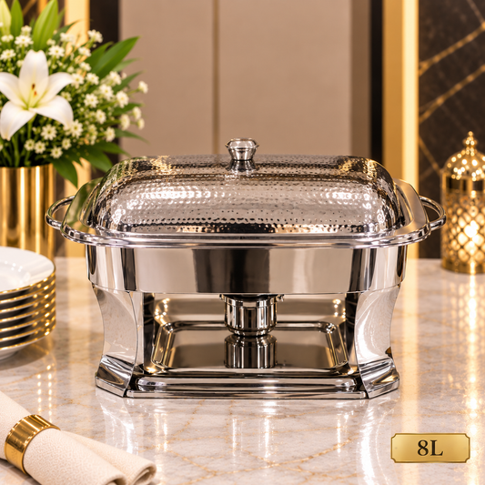 8L Silver Stainless Steel Chafing Dish with Hammered Lid – Rectangular Buffet Food Warmer