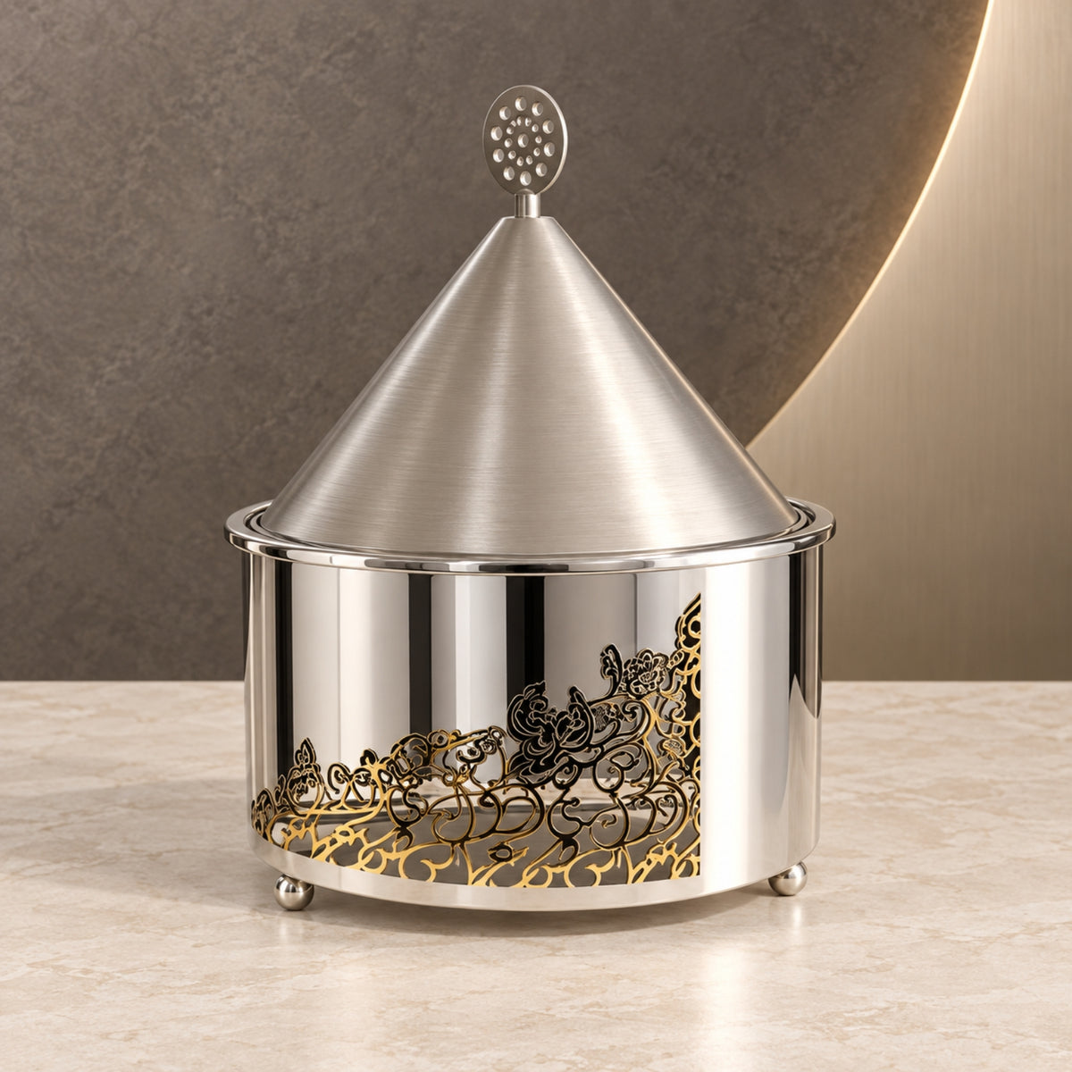 3L Stainless Steel Food Server with Conical Lid – Silver & Gold Design