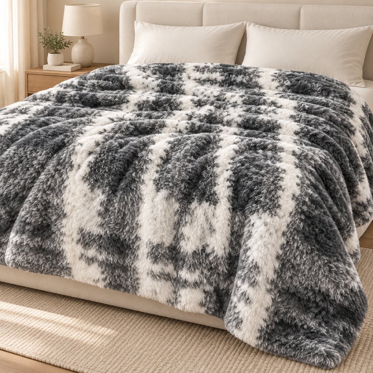 Plush Checked Blanket – Charcoal Grey & Ivory | 180 × 200 cm, 330 GSM