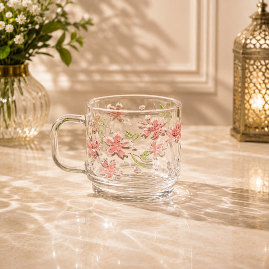 Cherry Blossom Embossed Glass Cup with Handle – Single Piece