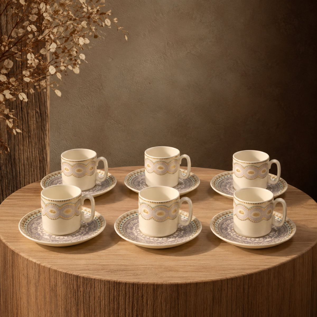 12-Piece Turkish Coffee Cup & Saucer Set – Ivory, Grey & Gold Ornamental Design