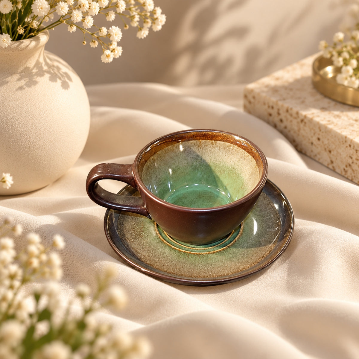 Jumbo Small Coffee Cup & Saucer – Green & Brown Reactive Glaze