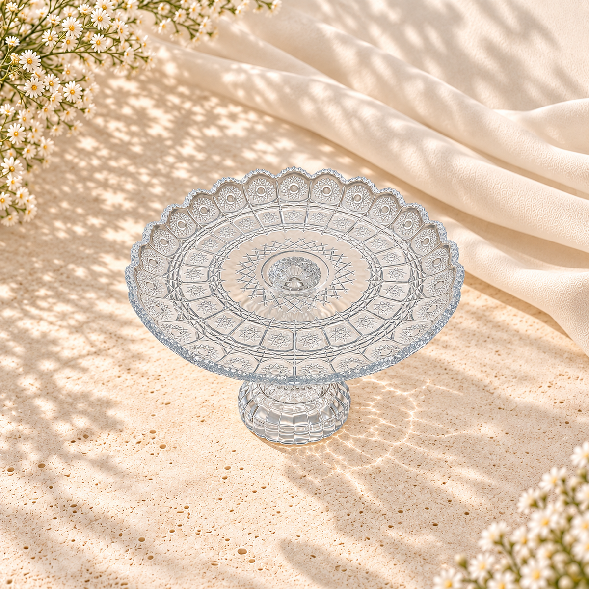 Clear Crystal Candy Bowl on Foot – Ornate Scalloped Pedestal Design