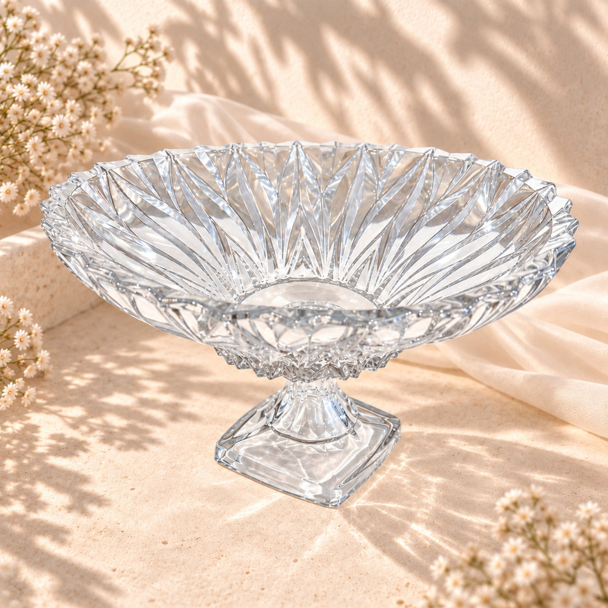 Clear Crystal Candy Bowl on Foot – Leaf-Cut Pedestal Serving Bowl