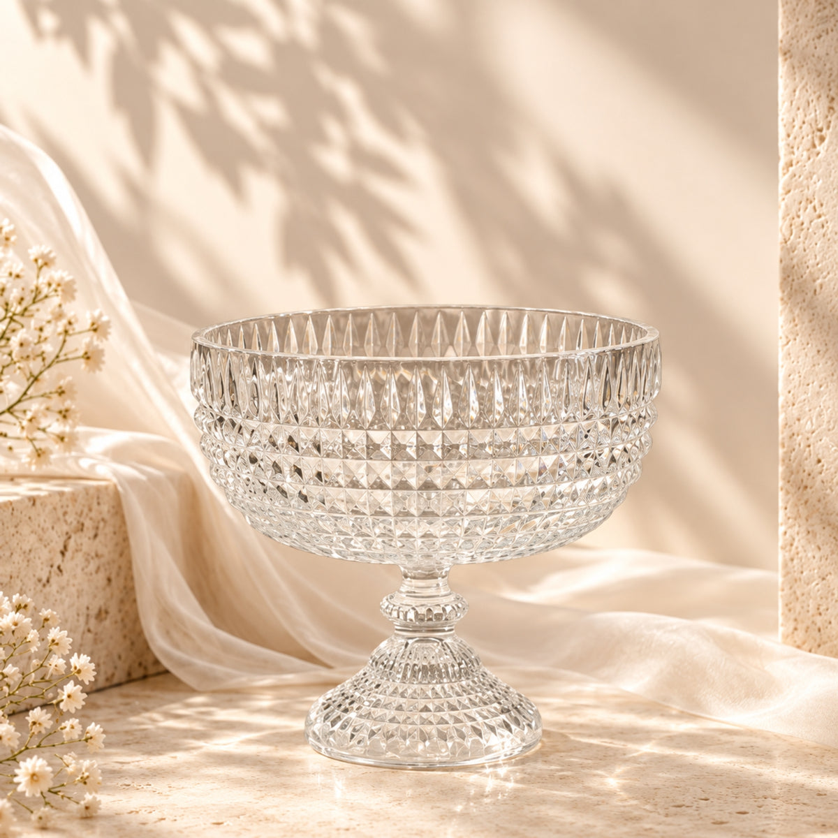 342 Large Crystal Serving Bowl on Foot – Clear Diamond-Cut Design