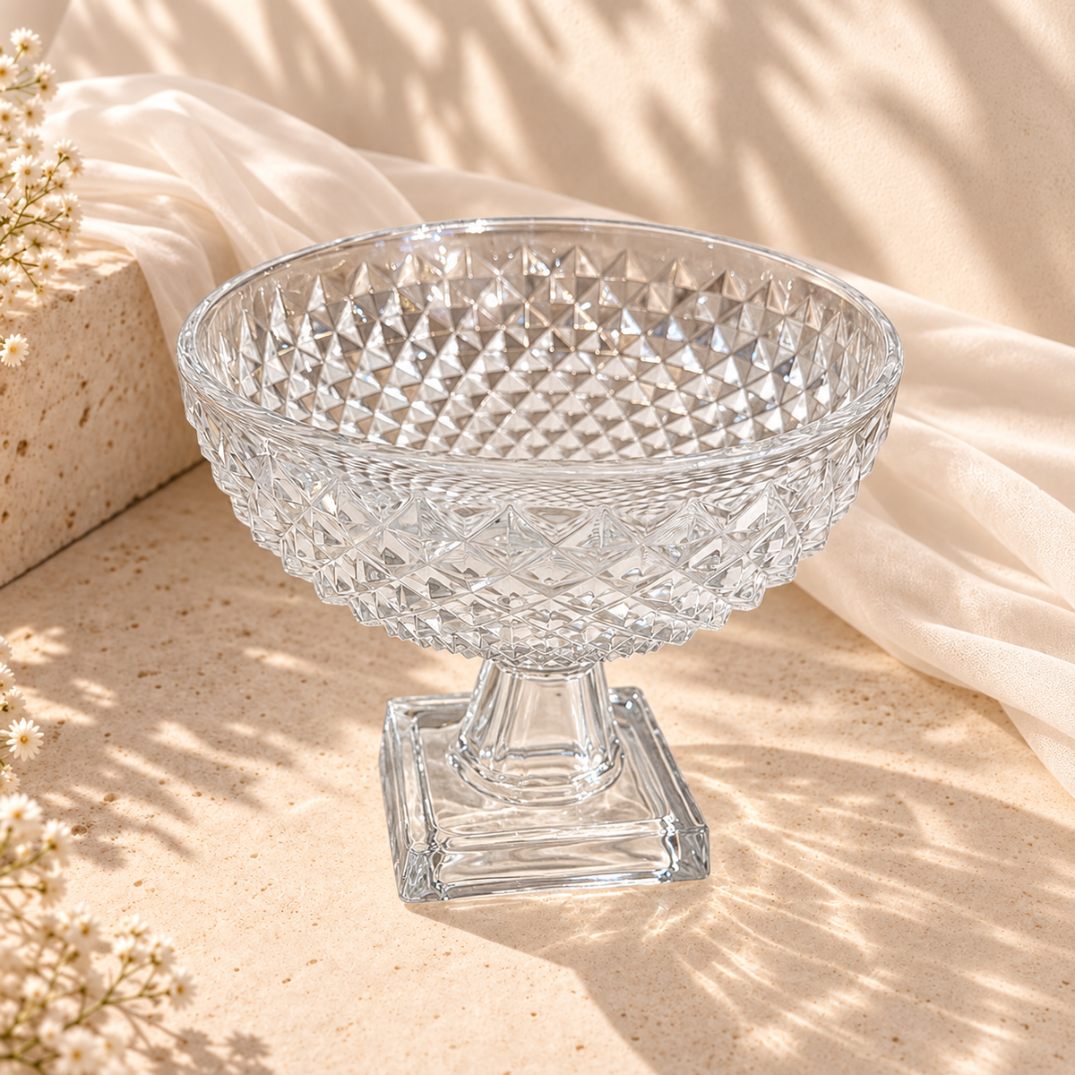 Large Crystal Bowl on Foot – Clear Diamond-Cut Pedestal Serving Bowl